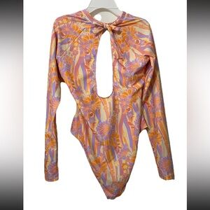 Ocean Pacific Size Large Floral Orange Retro Long Sleeve Swimsuit Brand New